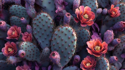 A vivid, surreal composition of prickly pear cacti (Opuntia) with lush, blooming flowers. The cacti pads are painted in cool hues of bluish-green and violet, each dotted with reddish-orange spines.