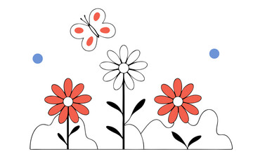 Playful Naive Style Flowers and Butterfly | Whimsical Vector Art