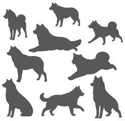 A collection of dog silhouettes in various poses and breeds. Perfect for pet lovers, veterinarians, or dog trainer. animal, canine, domestic, cute, friendly, loyal, companion
