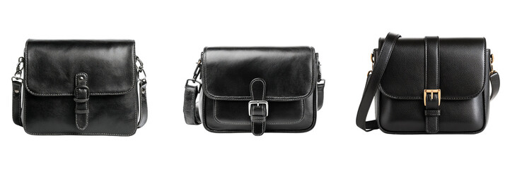 Set of black leather shoulder bag isolated on a transparent background