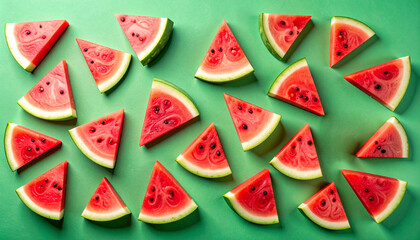 Collage con trocitos de sandia madura en triangulos sobre fondo verde