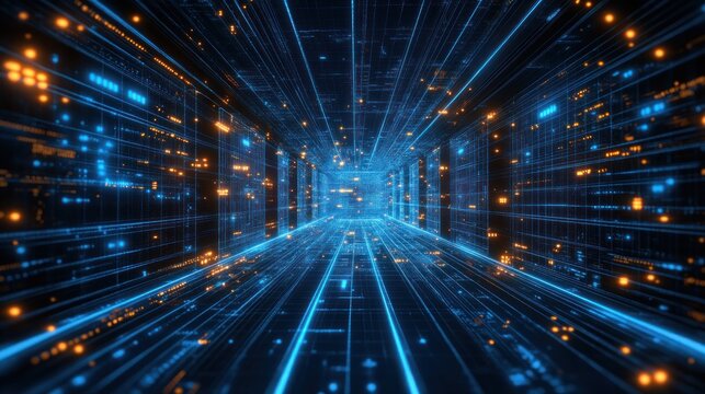 Fototapeta Digital network tunnel with glowing code.