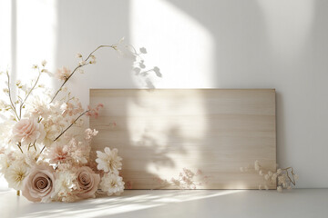 Empty wooden board for text with flower decoration on desk for party or wedding. Copy space