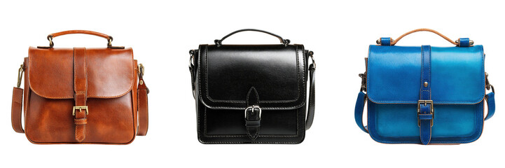 Set of black, brown and blue color leather shoulder bag isolated on a transparent background