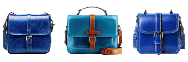 Set of blue color leather shoulder bag for woman isolated on a transparent background