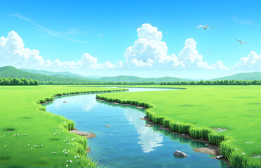 Summer Grassland River Scenery