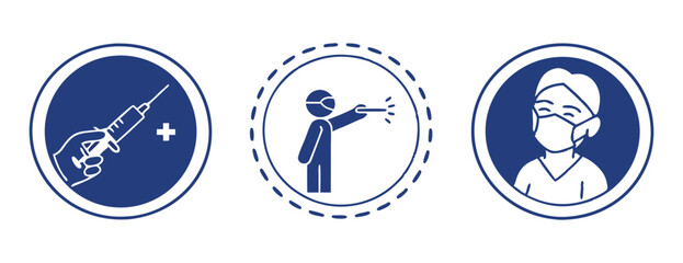 Healthcare safety icons, vaccination, cough etiquette and mask protection for infection prevention