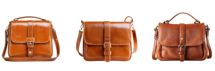 Set of brown color leather shoulder bag for woman isolated on a transparent background