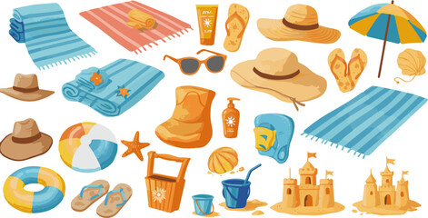 Create a kinds of deferent  Summer beach fun essentials, element set on transparent vector art with white background.