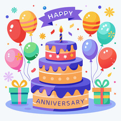 Happy Anniversary Celebrate with Cake, Balloons, and Gifts