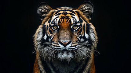 Fototapeta premium Close-up portrait of a tiger against a black backdrop.