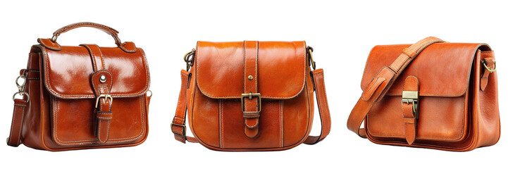 Set of brown color leather shoulder bag isolated on a transparent background
