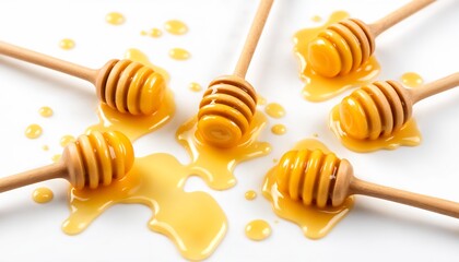 Golden Honey Delights: Six honey dippers nestle amongst vibrant pools of golden honey, captured in a close-up shot, showcasing the viscous texture and inviting sweetness of the natural nectar.