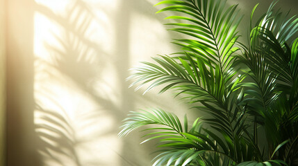 The bright green leaves of the palm plant occupy the right side of the frame, and their graceful shadows fall on the wall, bathed in morning light.