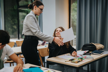 A teacher handing papers to attentive students in a bright, engaging classroom environment, fostering learning and collaboration. The setting illustrates positive teacher-student relationships.