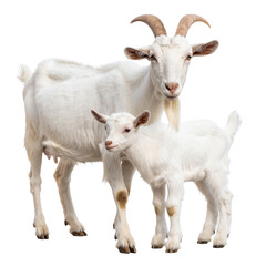 Fototapeta premium White Goat and Kid: A heartwarming image of a mother goat and her adorable kid, both with pristine white coats, standing side by side against a clean background.