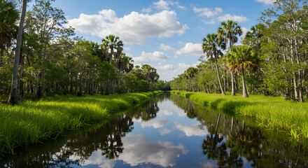 Fototapeta premium Tropical Wetland River Scene with Palm Trees Bright Blue Sky and Reflection