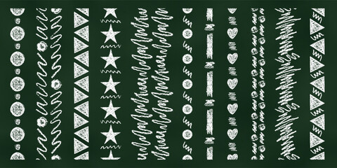 Set of Vertical Seamless Borders Chalk Drawn Sketches of White Scribbles on Dark Background.
