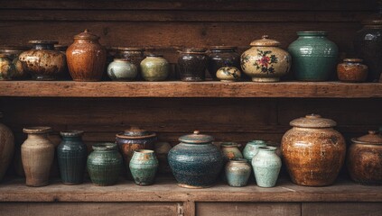 Aged pottery jars and vases on rustic wooden shelves
