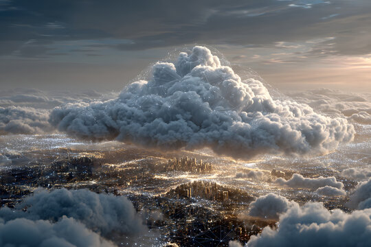 Generative AI image of cloud computing and digital data transfer with computing networked across cities country and globe with virtualization approach - Powered by Adobe