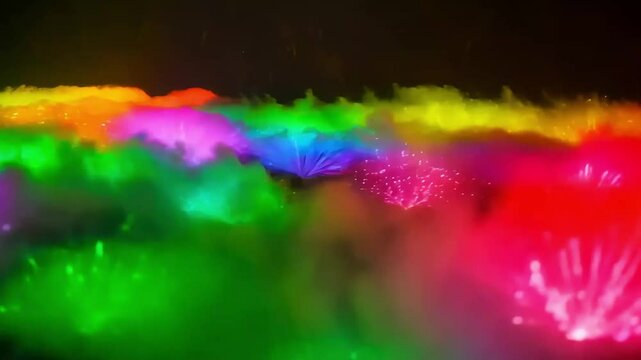 Vibrant small smoke bursts in multicolor explosion sequence. Abstract cinematic background with colored fog clouds and explosive particle dispersion.

