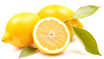 Zesty Lemons: A close-up shot of vibrant lemons, their sunny yellow hues contrasting with fresh green leaves. A juicy fruit is sliced in half.