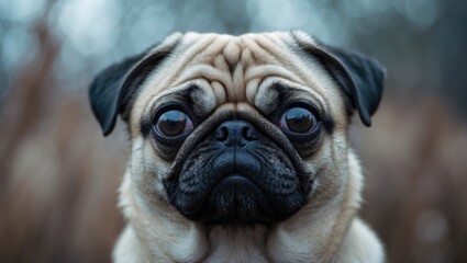 Funny face of pug dog with blurry background