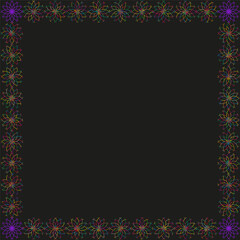 Decorative dark frame. Colorful ornament edge. Vector black background. Detailed corner design.