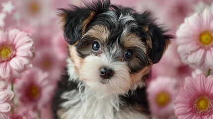 Adorable Tri-Color Puppy Amidst Pink Flowers