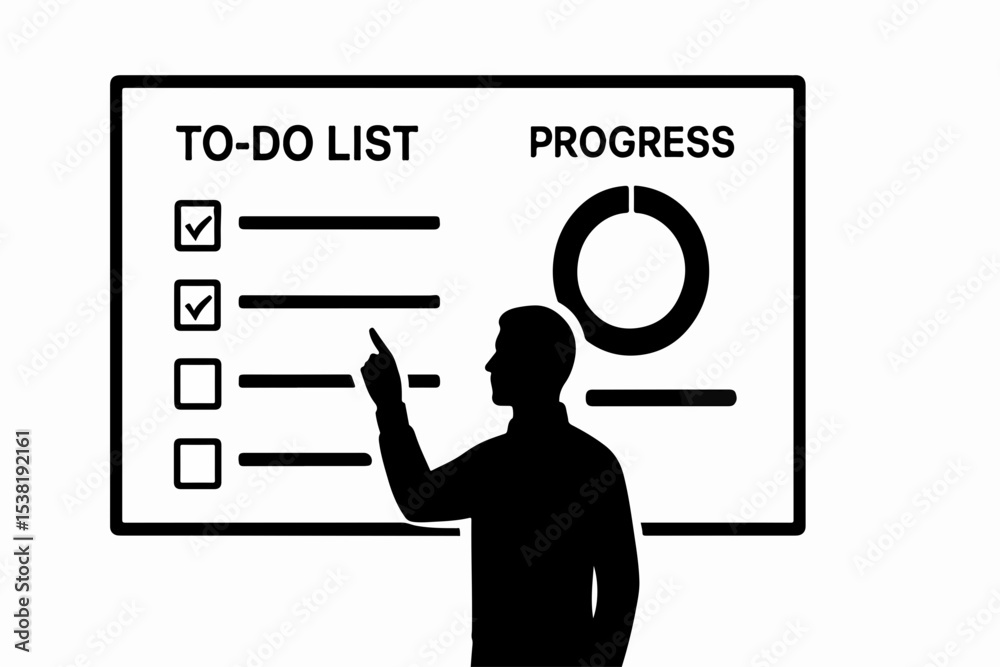 Poster silhouette of a person pointing at a to do list with progress chart representing task management and