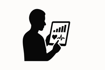 Silhouette of Person Analyzing Health Data on Tablet with Heart Rate and Bar Graph Displayed Against a Clean White Background Depicting Modern Healthcare black