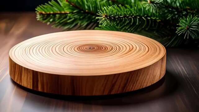 Isolated round wooden platform displaying concentric growth rings with fresh green pine boughs on a dark wood tabletop surface