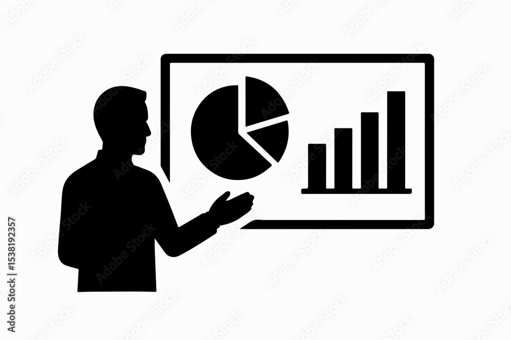 Poster business presentation with charts and graphs a silhouette of a person presenting data on a screen wi