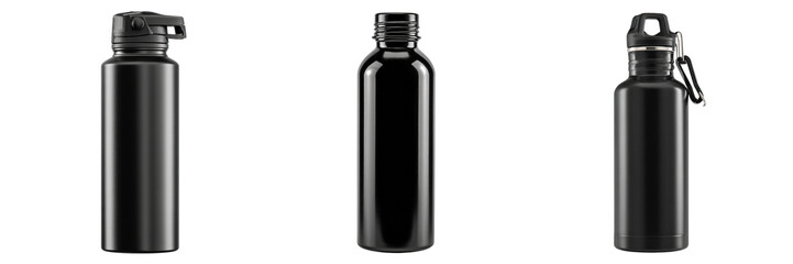 Set of different type black colour stainless steel bottle isolated on a transparent background