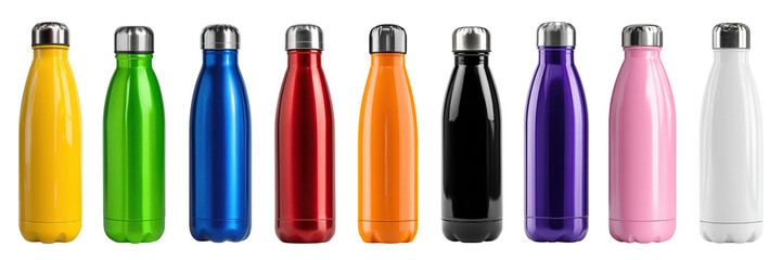 Set of different colour stainless steel bottle isolated on a transparent background