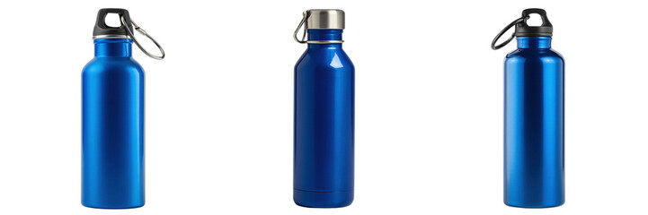 Set of different type blue colour stainless steel bottle isolated on a transparent background