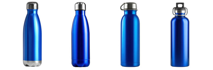 Set of different type blue colour stainless steel bottle isolated on a transparent background
