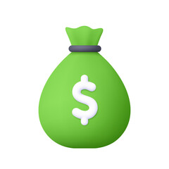 Green money bag with white dollar symbol. Business, finance, banking, savings, transactions and investment concept. 3d vector icon. Cartoon minimal style.