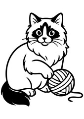 Obraz premium Black and white vector of a playful Ragdoll cat with a ball of yarn. Perfect for engraving, print, logos, and coloring projects