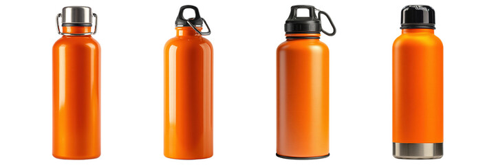Set of different type orange colour stainless steel bottle isolated on a transparent background