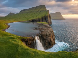 Dramatic faroe islands waterfall ocean cliffs sunset