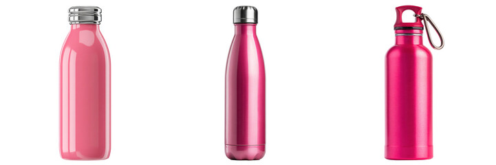 Set of different type pink colour stainless steel bottle isolated on a transparent background