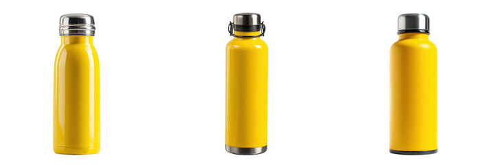 Set of different type yellow colour stainless steel bottle isolated on a transparent background