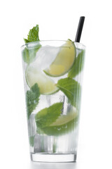 Classic Mojito Cocktail with Lime and Mint isolated on white background