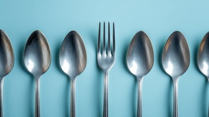 One raised fork among laid down spoons, metaphor for standing out as a leader