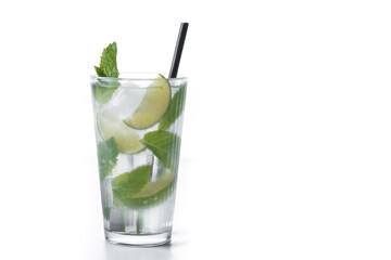 Classic Mojito Cocktail with Lime and Mint isolated on white background. Copy space