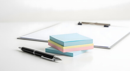 Office Stationery Clipboard, Pen, Sticky Notes on White Surface for Planning, Writing, Business Concept