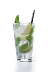 Classic Mojito Cocktail with Lime and Mint isolated on white background