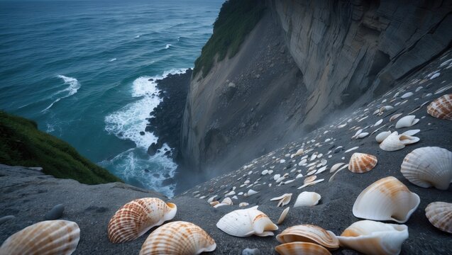 A steep rockslide descending toward the ocean, covered in ancient seashells hundreds of feet above water, revealing a glimpse into a time when ocean claimed this land, a dramatic coastal story