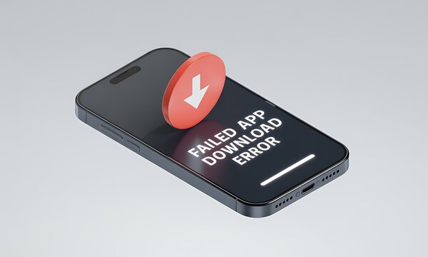 Smartphone Displays "Failed App Download Error" on Screen, representing technical issue with a conceptual visual failure, with copy space and isometric perspective. - Powered by Adobe